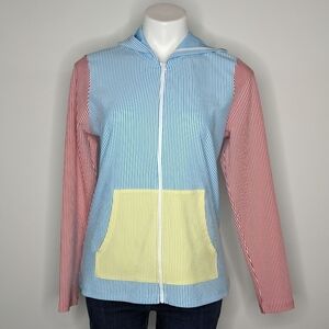 Lands' End blue yellow red striped color block zip up swim cover hoodie M